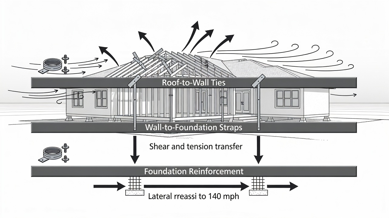Technical diagram showing three horizontal timeline bars labeled Roof-to-Wall Ties, Wall-to-Foundation Straps, and Foundation Reinforcement with icons for hurricane straps, continuous load path, and 140 mph wind arrows set against a Florida custom home silhouette background