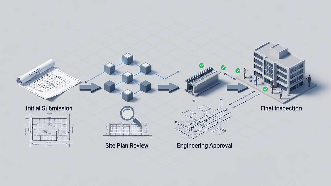 Technical flow diagram illustrating permitting steps for Central Florida commercial construction projects including site plan review, engineering approval, and final inspection stages