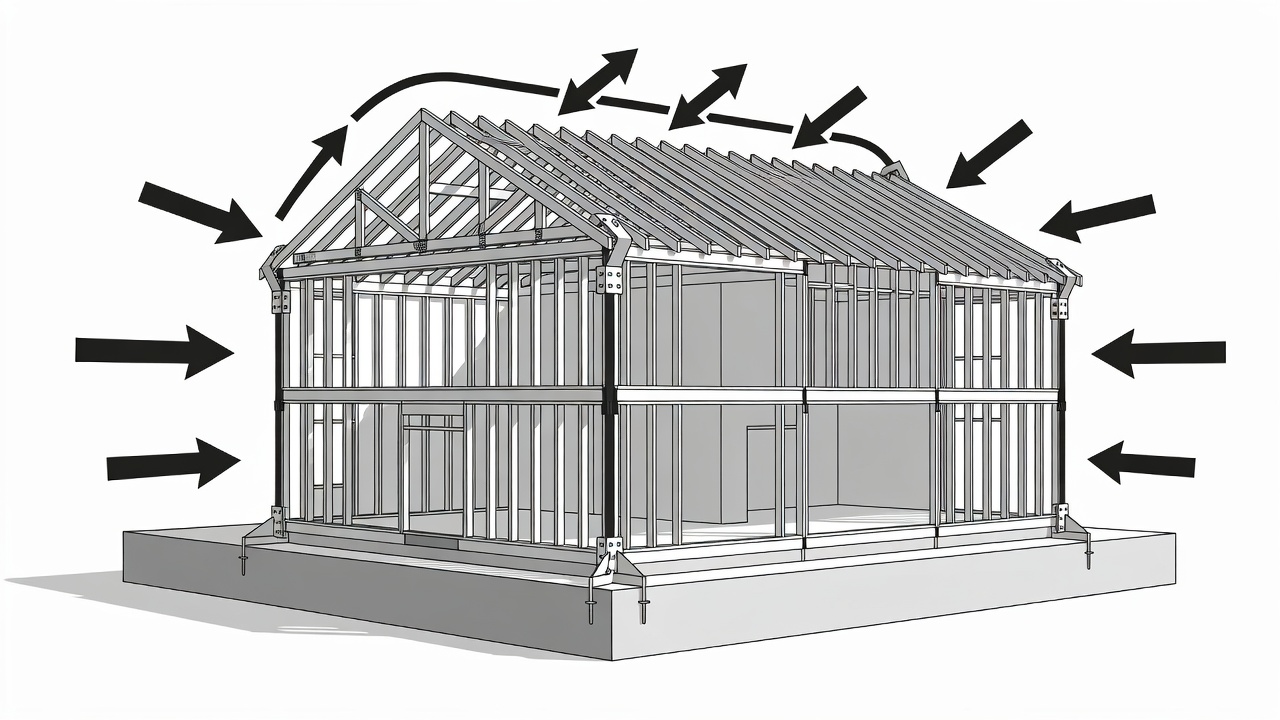 Technical flow diagram illustrating the continuous load path from roof through walls to foundation with 140 mph wind arrows and hurricane strap placement for commercial buildings in Longwood Florida