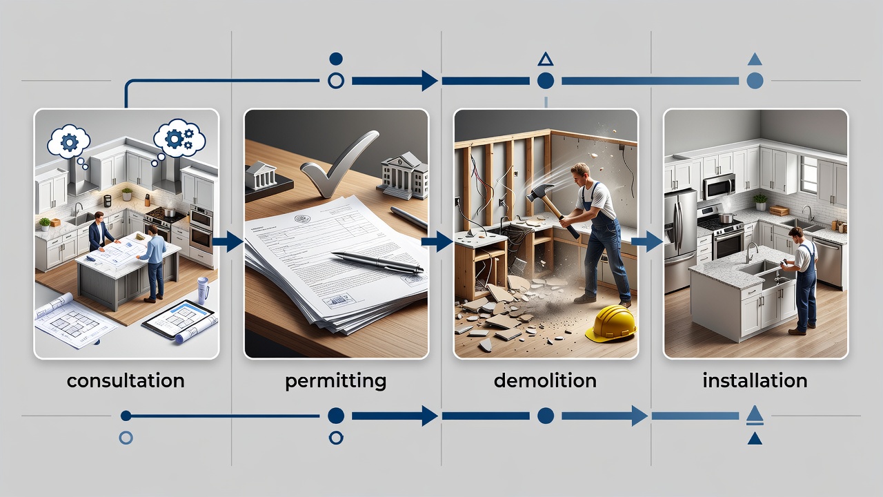 Technical flowchart illustrating the four main stages of a Winter Park kitchen renovation with labeled steps for consultation, permitting, demolition, and installation.