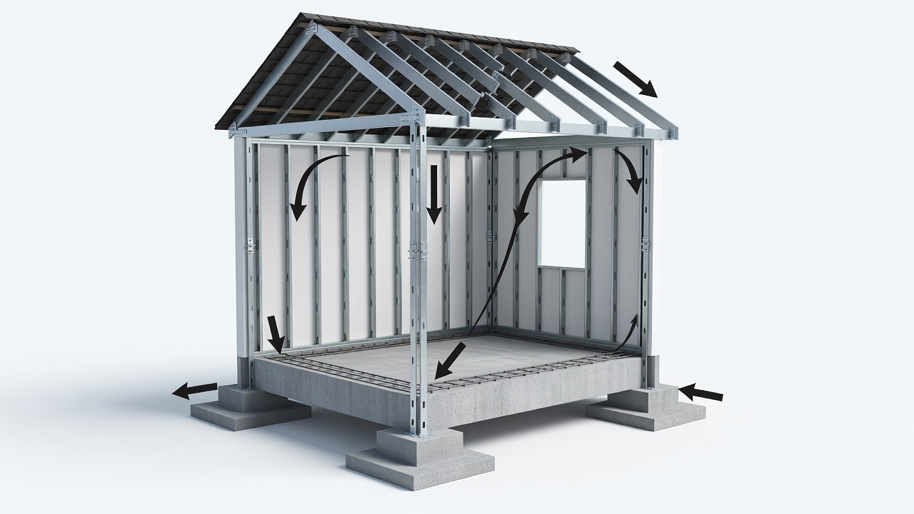 Technical illustration of continuous load path elements in a bathroom renovation showing roof-to-wall ties, wall-to-foundation straps, and reinforced footings with labeled arrows indicating 140 mph wind force direction